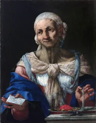 Öregasszony gyöngy nyaklánccal és betűvel (Vanitas) - Öregasszony gyöngy nyaklánccal és betűvel (Vanitas) - Giovan Battista Langetti (1635-1676). Olaj, vászon, kb 1663. Nemzeti Galéria, Prága