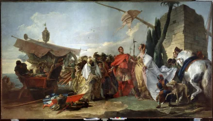 Jules Cesar találkozás Kleopátrával (Caesar találkozás Kleopátrával). Giandomenico Tiepolo (1727-1804) festménye. Olaj, vászon, 337 x 608 cm