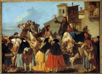 Egy fogorvos, aki eltávolítja a fogát, és trófeaként trófeát húz vele a velencei karneválon. Giovanni Domenico Tiepolo (Giandomenico Tiepolo) festménye (1727-1804) 1754. V 1,1x0,8 m