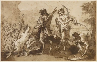 Szatírok és szatírnők egy tájban, 1770 körül (toll és vas epefesték, barna és szürkés foltokkal fektetett papíron)