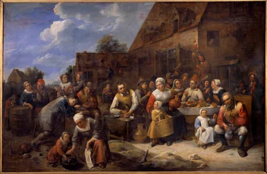 A falusi bankett Helyszíni buli egy faluban, a parasztok barátságosak. Gillis Van Tilborgh (Tilborch) festménye, a fiatal (1625-1678) 17. századi Rouen. Szépművészeti Múzeum