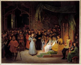 Jeanne of Arc (1412-1431) VII. Károly király (1403-1481) előtt Chinonban, válasz az elöljáróknak, akik kérdeznek, 1429. február Gillot Saint-Evre (1791-1858) festménye 1832 V. 1,42 x 1,67 m