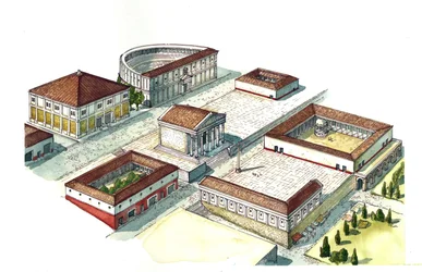 Az ókori Róma: Nápoly városközpontjának rekonstrukciója az amfiteátrummal, a templommal. Olaszország