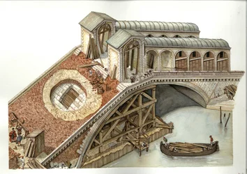 Építészet: a Rialto-híd építési helyszíne 1588-1591-ben Velencében, Olaszországban. Illusztráció: Giorgio Albertini (A szerző műveinek felhasználása nem függ harmadik fél engedélyétől vagy további jogdíjak megfizetésétől.