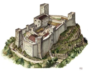 Középkori építészet: Canossa várának rekonstrukciója a 11. században, abban az időben, amikor Canossa grófnője, Matild (vagy Toscana grófnője, Matild) (1046-1115) és VII. Gergely pápa (1015/20-1085) ott menedéket keresett. Olaszország. Gior illusztrációja
