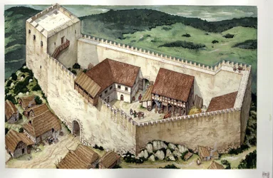 Középkor: Montsegur kathar várának rekonstrukciója (a 13. században készült el), Ariege, Franciaország.