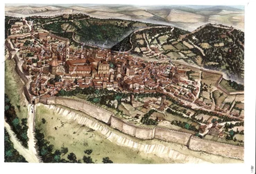 Középkor: Volterra középkori, bástyákkal körülvett városának látképe a 14. században. Toszkána. Olaszország Giorgio Albertini illusztrációja. (A szerző műveinek felhasználásához nem szükséges harmadik fél engedélye vagy t