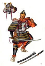 Egy szamuráj (szamuráj), japán harcos ábrázolása a 16. században.