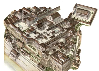 Római ókor: a Palatinus-domb (Palatino-domb) rekonstrukciója a 4. században, ahol Augustus, Nero és Septimius Severus egymást követő császárok felépítették saját palotáikat. Róma, Olaszország