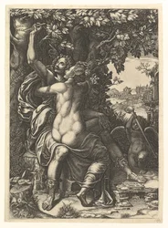 Angelica és Medoro, az ölelkező pár, Medoro a nevüket egy..., kb. 1570.
