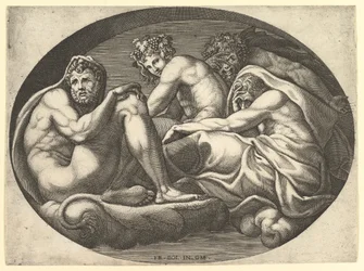 Herkules, Bacchus, Pán és Szaturnusz egy nyolc kompozícióból álló sorozatból, Francesco P... után, 1560-as évek.