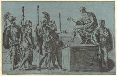 Római katonák egy császár előtt, 1540 előtt.