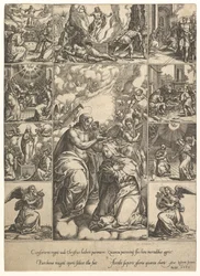A Szűz megkoronázása, körülötte kilenc vignettával, amelyek jeleneteket ábrázolnak... életéből, 1575-ig.
