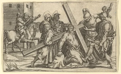 A Fájdalmak Szűza: keresztet hordozó Krisztus, az egyik a kilenc környező f... rekesz közül, 1575-re.
