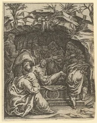 The Virgin of Sorrows: The Tombment, az egyik a kilenc környező rekesz közül a Vi...-ből, 1575-re.
