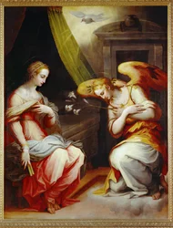 Annunciáció. Egy triptichon középső táblája. Az arezzói Santa Maria Novella főoltárára festették...