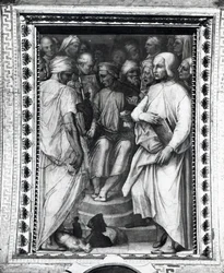 Cosimo de Medici filozófusok és művészek között ül a Sala di Cosimo il Vecchio-ban