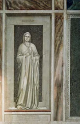 Mértékletes, szelíd figura hüvelyéhez kötött karddal, szájánál pedig kantárral, amely a szavak irányítását szimbolizálja, Giotto részlete A bűnök és erények című freskóciklusból