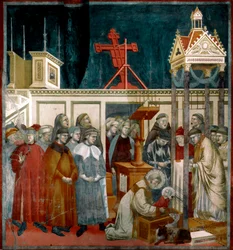 Assisi Szent Ferenc története: „A grecciói jászol csodája”. Szent Ferenc 1223-ban, Rieti közelében, Greccióban készítette az első jászolt. Giotto di Bondone (1267-1337) freskója. 1296-1299. 270 x 230 cm. Assisi Szent Ferenc felső bazilikája