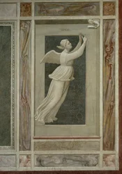 Remény, szárnyas női alak, aki egy angyal felé repül, aki a mennybe vezeti, Giotto (1267-1337) részlete A bűnök és erények című freskóciklusból