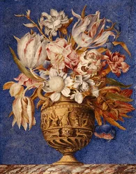 Virágok vázában, amely márvány párkányon áll (akvarell, gouache és arany pergamen)