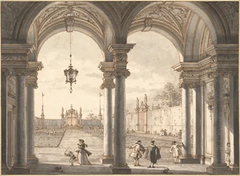 Kilátás a barokk oszlopcsarnokon keresztül a kertbe, 1760-1768