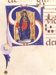 Ms 562 f.16r A 14. század eleji San Jacopo di Ripoli kolostorból származó, történeti kezdetű „S” betű, amely Madonnát és a trónoló gyermeket ábrázolja