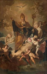 Déli kereszthajó, San Benedetto oltára, Szent Benedek Gloriában a város megáldása közben, Giovanni Angelo Borroni oltárképe, San Benedetto in Gloria a város megáldása közben 1744