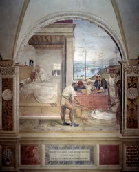 Benedek megjelenik két szerzetesnek, és bemutatja nekik Antonio Bazzi dit il Sodoma (1477 - 1549) kolostori freskóját, amely Nursie-i Szent Benedek (480 - 567), a Bencés Rend 1503-as alapítója életét meséli el. 1508 Ab