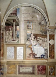 Benedek bőségesen kap lisztet, és megeteti a kolostor szerzetesi freskóját, amelyet Antonio Bazzi dit il Sodoma (1477 - 1549) készített Nursie-i Szent Benedek (480 - 567), a Bencés Lovagrend alapítója, 1503 - 1508 Monte apátság életéről. Oliveto