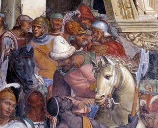 Hogyan találkozik Benedek a két fiatal rómaival, Maurusszal és Placidusszal. Antonio Bazzi, más néven Il Sodoma (1477-1549) kolostori freskójának részlete, amely Nursiai Szent Benedek (480-567) életét meséli el