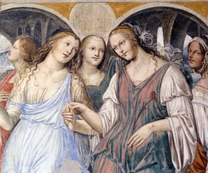 Florent prostituáltakat küldött a kolostorba (Florenzo kurtizánokat küld a Szent Benedek kolostorba) Antonio Bazzi dit il Sodoma (1477 - 1549) kolostorának részletfreskója, amely a rendalapító Szent Benedek (480 - 567) életét meséli el.