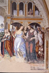 Florent prostituáltakat küldött a kolostorba (Florenzo kurtizánokat küld a Szent Benedek kolostorba) Antonio Bazzi dit il Sodoma (1477 - 1549) kolostorának részletfreskója, amely a rendalapító Szent Benedek (480 - 567) életét meséli el.
