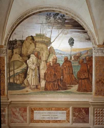 Hogyan hallgatja meg Benedek a remeték imáját, és egyezik bele, hogy vezetőjük legyen. Antonio Bazzi, más néven il Sodoma (1477-1549) által készített kerengőfreskó, amely a bencés rend alapítója, Nursiai Szent Benedek (480-567) életét meséli el, 1503