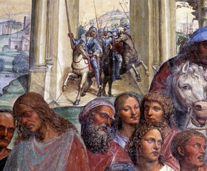 Ahogy Benedek találkozik a fiatal római Maurusszal és Placidusszal. A Rómát elhagyó fiatal férfiak kíséretének részlete - Antonio Bazzi, más néven Il Sodoma (1477-1549) kerengőbeli freskója, amely Szent Benedek életét meséli el