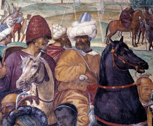 Hogyan jósolja Benedek a Monte Cassino pusztulását (Szent Benedek a Monte Cassino pusztulását) Részlet - Antonio Bazzi dit il Sodoma (1477 - 1549) kolostor freskója Nursie-i Szent Benedek (480 - 567) életét meséli el.