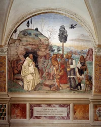 Hogyan tanítja Benedek a szent tanítást az őt látogató parasztoknak (Szent Benedek tanítja a szent tanítást az őt látogató parasztnak) Antonio Bazzi dit il Sodoma (1477 - 1549) kolostor freskója, amely Ápolók Szent Benedek életét meséli el