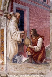 Hogyan változik Benedek kígyóvá egy üveg bort egy szolga. Részlet – Antonio Bazzi dit il Sodoma (1477 - 1549) által készített kolostor freskója Nursie-i Szent Benedek (480 - 567) rendalapítójának életét meséli el. bencések 1503 - 1