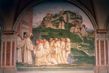 Szent Benedek, akit szerzetesek könyörögnek, vizet termel a hegy tetejéről, jelenet a Monte Oliveto Maggiore-i Szent Benedek történeteiből
