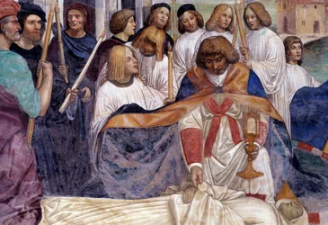 Szent Benedek Krisztus testét hordozza azon a szerzetes testén, akit a föld nem hajlandó eltemetni Antonio Bazzi dit il Sodoma (1477 - 1549) által készített kolostor részletfreskója Nursie-i Szent Benedek (480 - 567) alapítójának életét meséli el. az Orde