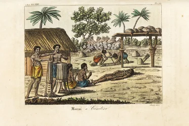 Emberáldozat egy szent marae (morai) vagy temetőben, Tahitiban. Dobosok balra, egy disznóba kötött áldozat és két sírásó, akik sírt ásnak egy halom emberi koponya és nyílvessző előtt. Kézi színű rézkarc, amelyet Sasso vésett John Webber nyomán