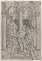 Krisztus megkorbácsolása, aki középen egy oszlophoz van kötve, egy árkádon belül, 1509., 1509.