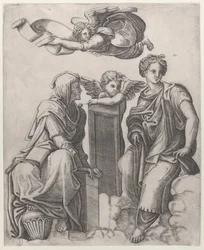Két női alak ül a felhőkben, egy angyal mellett, egy másik pedig repül ..., kb. 1510-25.