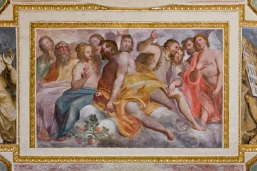 Genova, Dóm (Szent Lőrinc-székesegyház), belül, A Lercari-kápolna vagy az Oltáriszentség-kápolna (északi apszis), boltozat: "Az Ószövetség Igaza", Giovanni Battista Castello freskója, Bergamasco néven ismert
