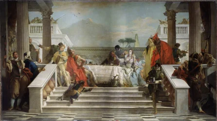 Kleopátra lakomája. Az egyiptomi királynőt (Kr. e. 69-30) valószínűleg Marcus Antonius (Kr. e. 83-30) római politikussal és hadvezérrel ábrázolták. Kleopátra lakomája. Giambattista Tiepolo (1696-1770) festménye. Olaj, vászon