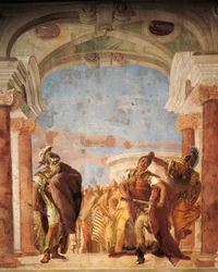 Minerva megakadályozza Akhilleuszt abban, hogy megölje Agamemnónt, Giambattista Tiepolo (1696-1770) műve, freskó, Iliász-terem, Villa Valmarana „Ai Nani”, Vicenza, Olaszország
