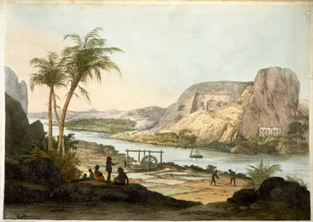 Az Abu Simbel két templomának külső képe, az egyiptomi és núbiai kutatókat bemutató lemezekről, 1822-ben