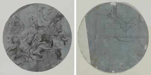 Egy szent apoteózisa (recto); Építészeti vázlat(?) (verso)