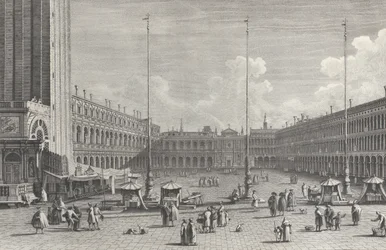 Kilátás a Piazza San Marco-ra, a túlsó végén a San Geminiano templommal, figurákkal és..., 1763.