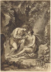 Angelica és Medoro (toll és fekete tinta, grafitra barna és szürke mosással, fektetett papírra; hátlapon négy koncentrikus körből álló, babérkoszorút körülvevő rajz, a hátlapon tollal, fekete tintával és grafittal rajzolva).